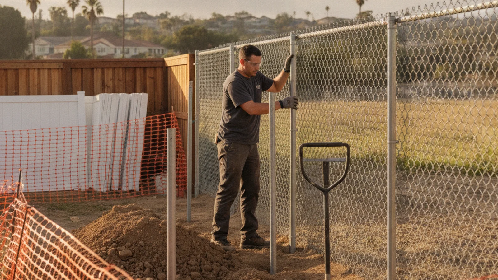 Freestanding temporary fence panels on pavement beside driven-post chain link fencing around a graded construction site