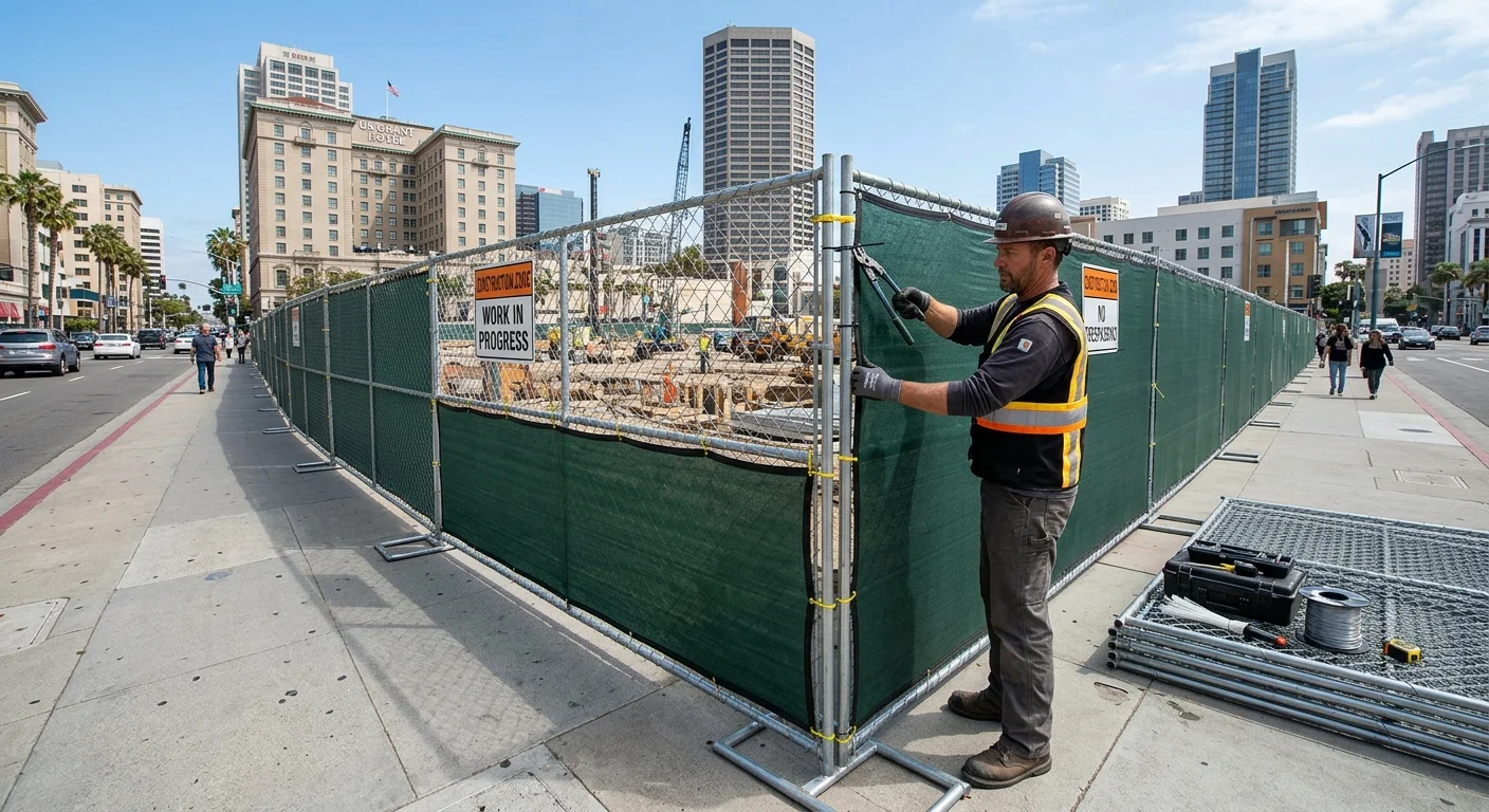 Clean, professionally installed temporary fence panels around a construction site in downtown San Diego with privacy screening.