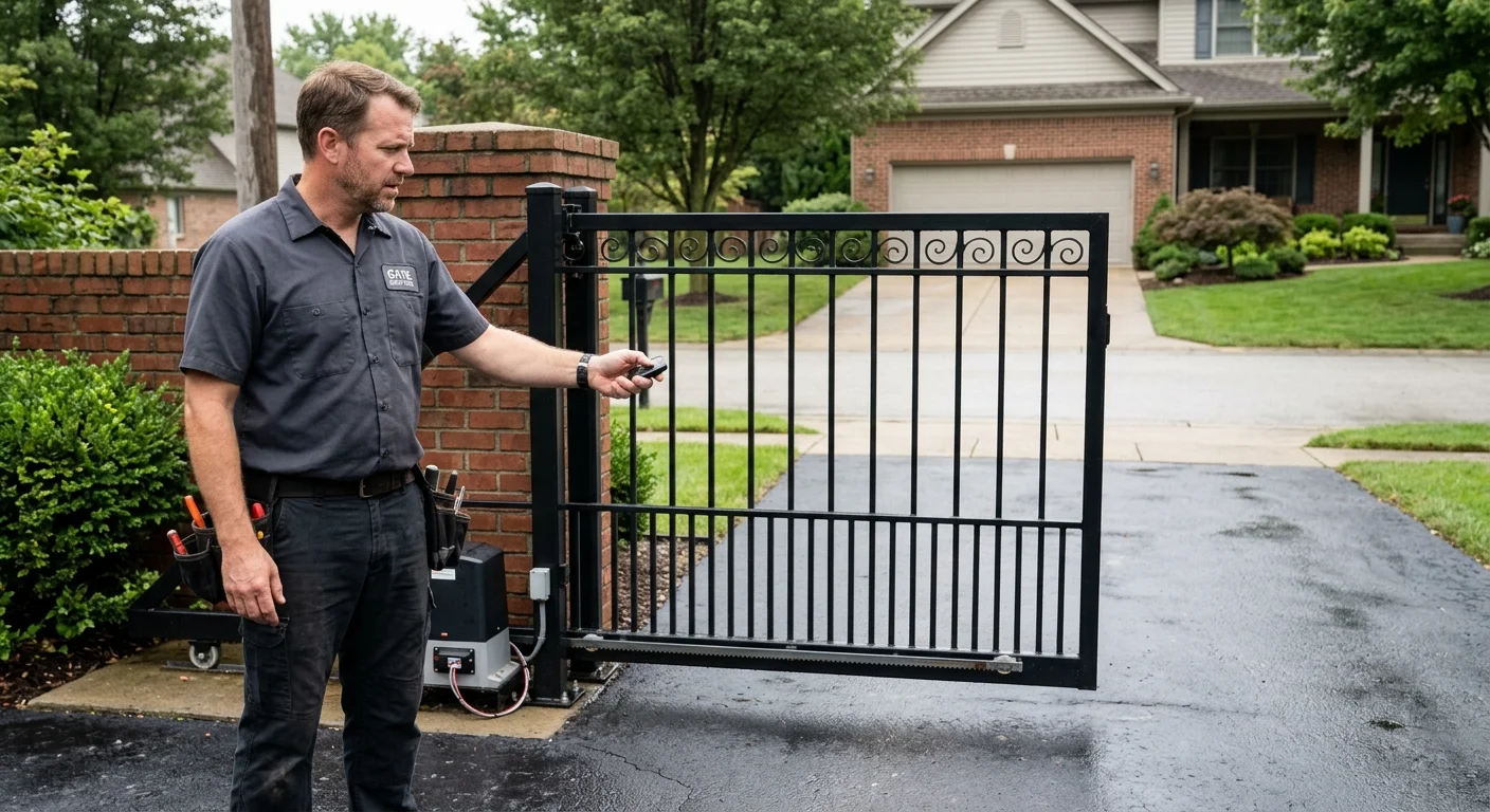 A homeowner points a remote at an automatic driveway gate that is stuck half-open, looking puzzled.