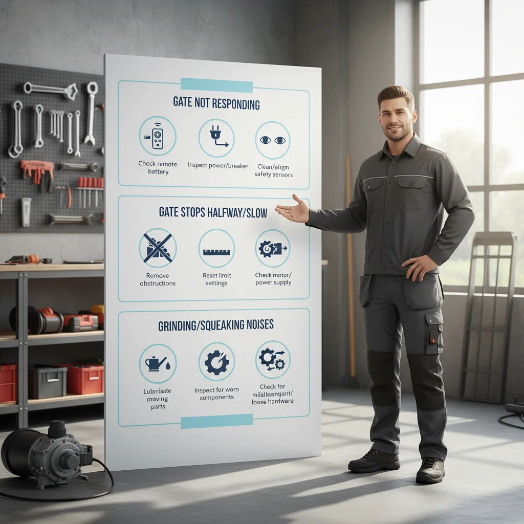 Infographic illustrating common automatic gate problems and their typical solutions.