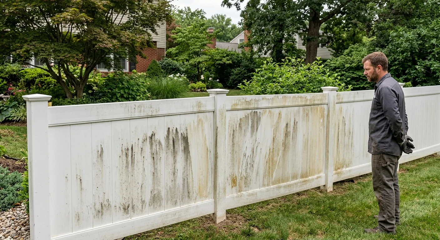 Vinyl fence panels showing a discoloration pattern across several bays in daylight