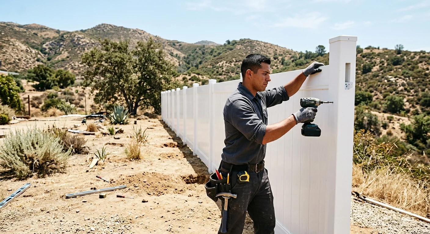 A crisp white or tan vinyl privacy fence in a sunny El Cajon backyard, with the dry, hilly landscape of East County visible in the background.