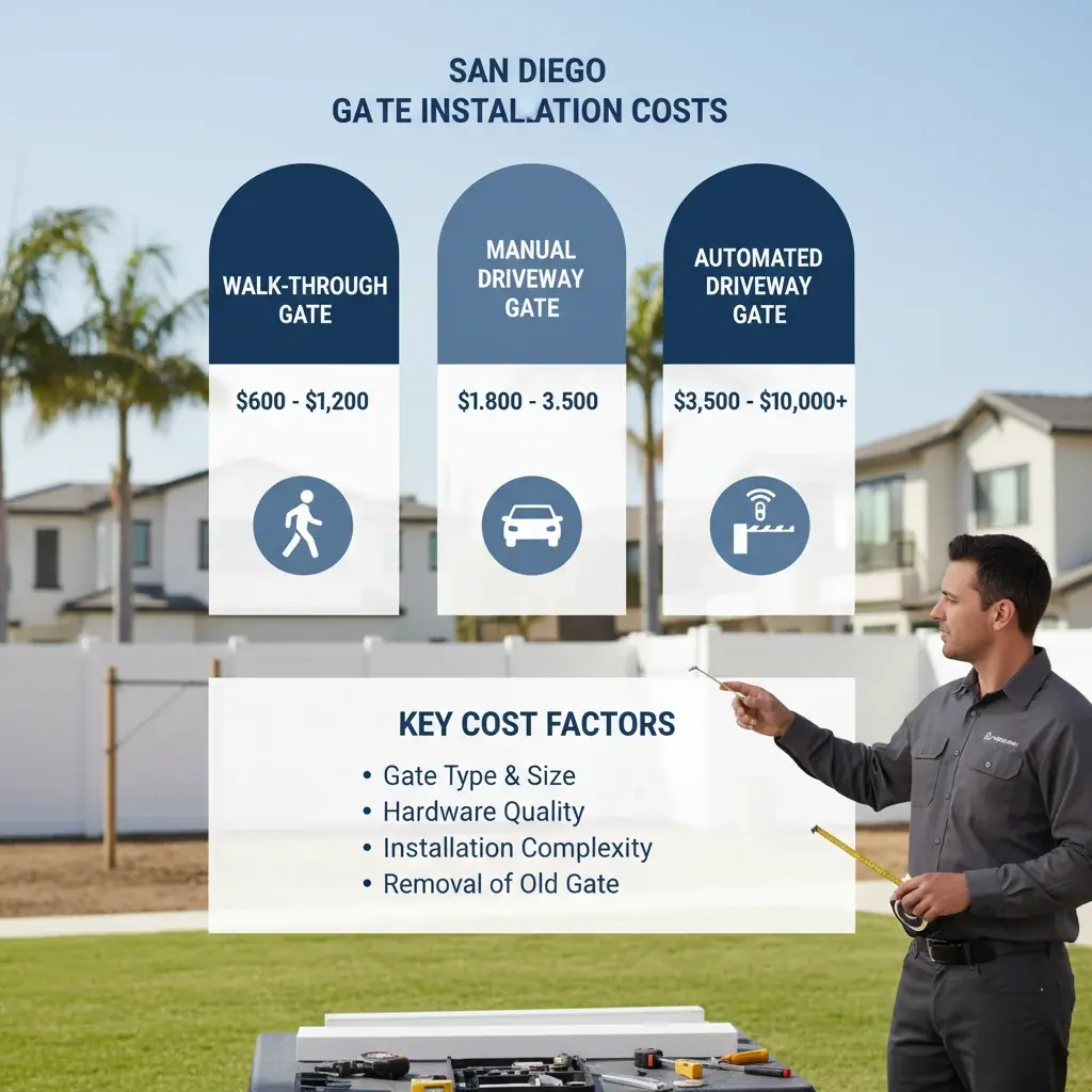 Infographic detailing typical installed costs for standard vinyl walk-through and driveway gates in San Diego, highlighting key factors.
