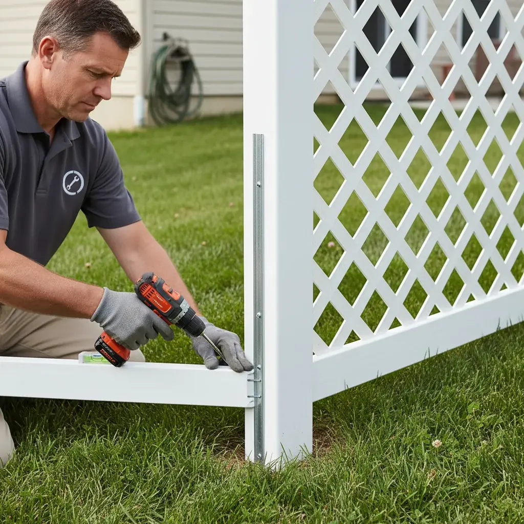 Detail shot of a vinyl fence post with reinforced steel insert, showing the bott