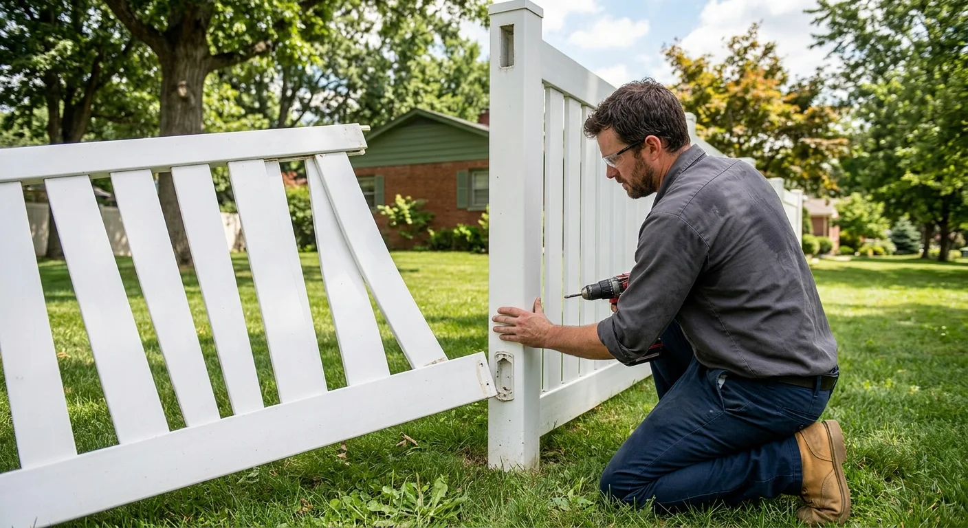 A white vinyl fence panel separating from its post