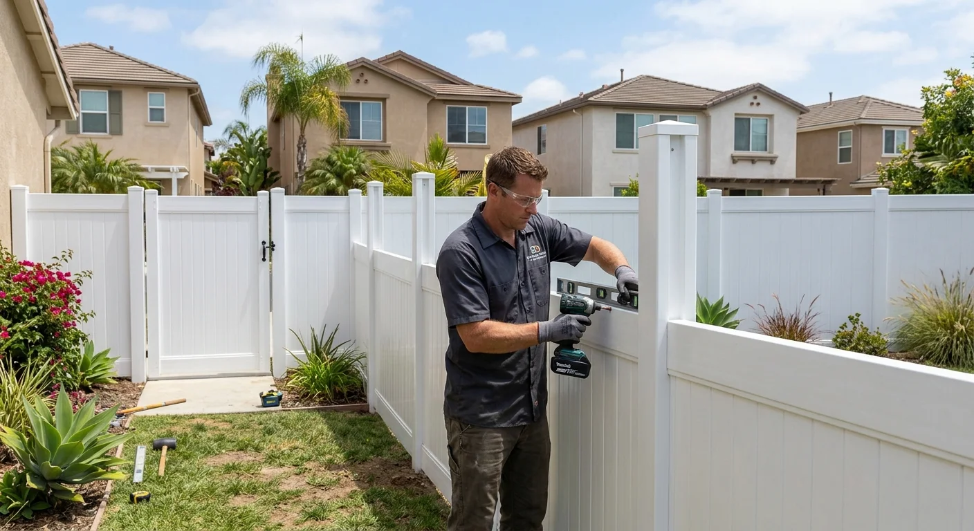 White vinyl privacy fence around a San Diego backyard with posts, panels, and a matching gate