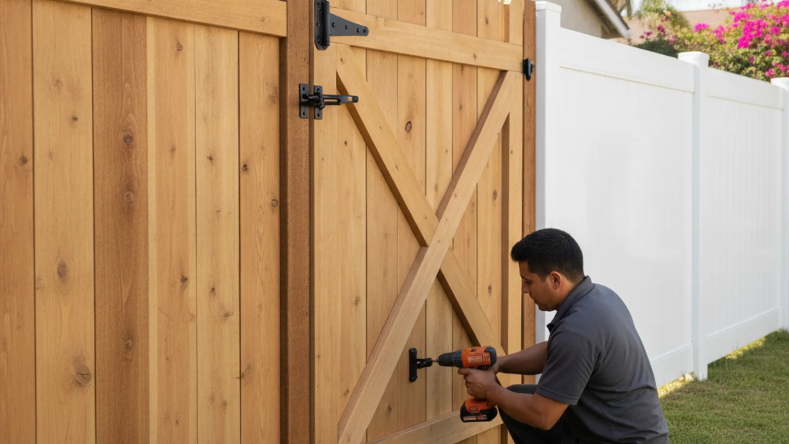 Wood walkthrough gate set into a side-yard fence line with a spring hinge and gravity latch visible