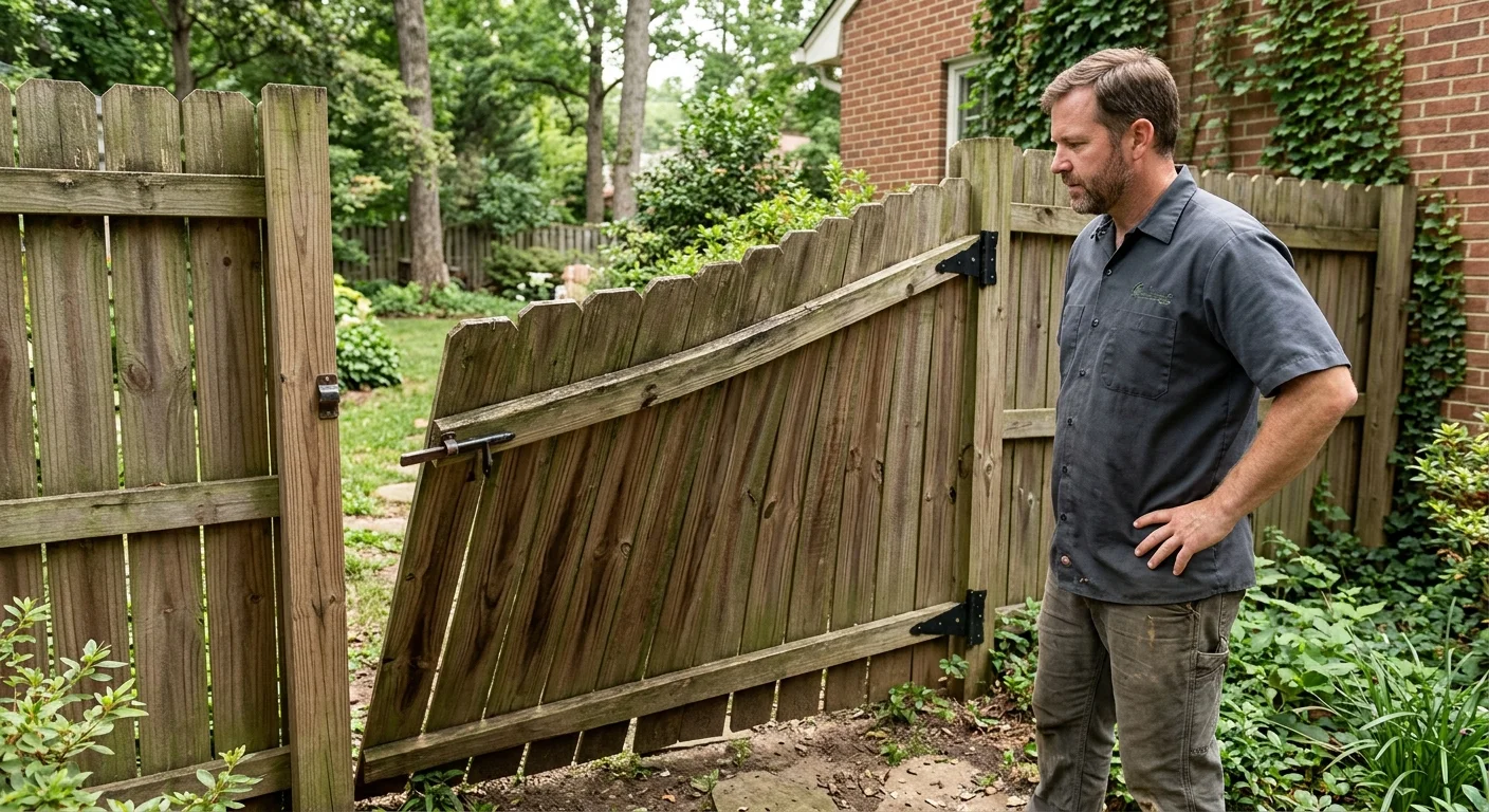 A wood fence gate twisted out of line with its latch in daylight