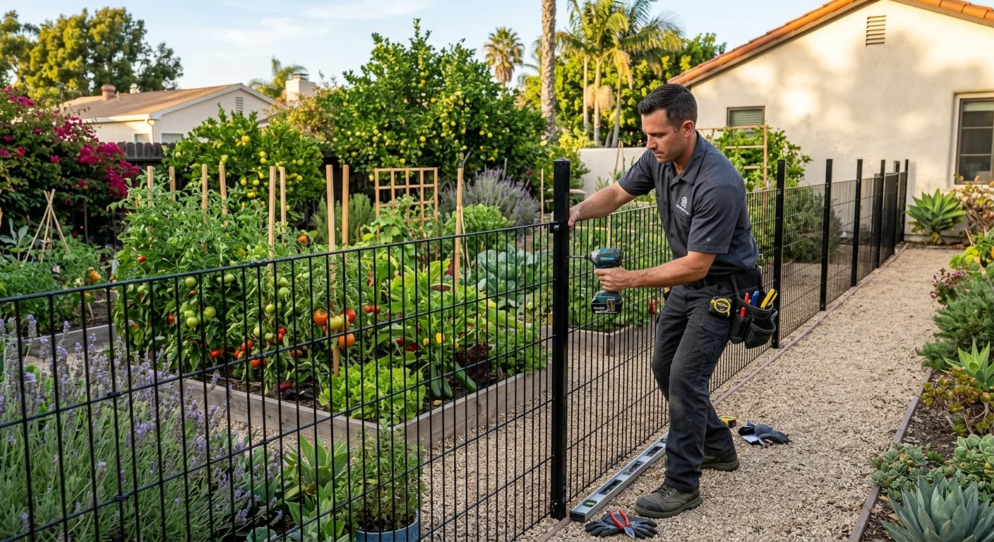 Black welded wire fence surrounding a San Diego vegetable garden