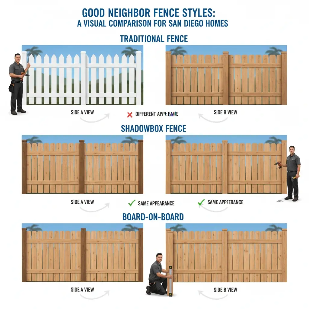 Infographic illustrating the uniform appearance of shadowbox and board-on-board fences from both sides, compared to a traditional fence's less uniform look.