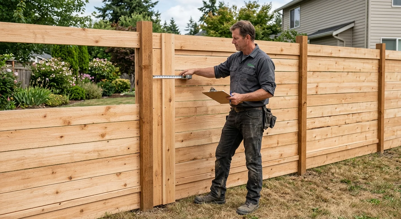An independent fence pro assessing a newly installed wood fence before staining