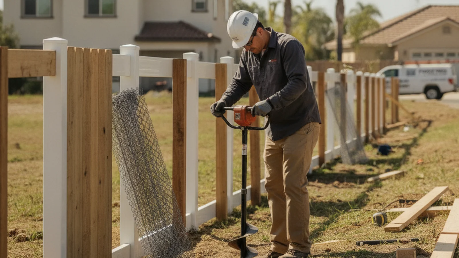 A land surveyor marking a residential property boundary before a new fence goes in, in a San Diego neighborhood.