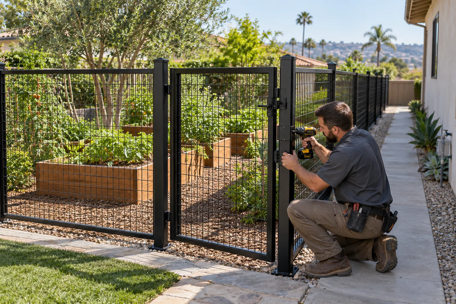 Black wire mesh fencing around a backyard garden and side yard