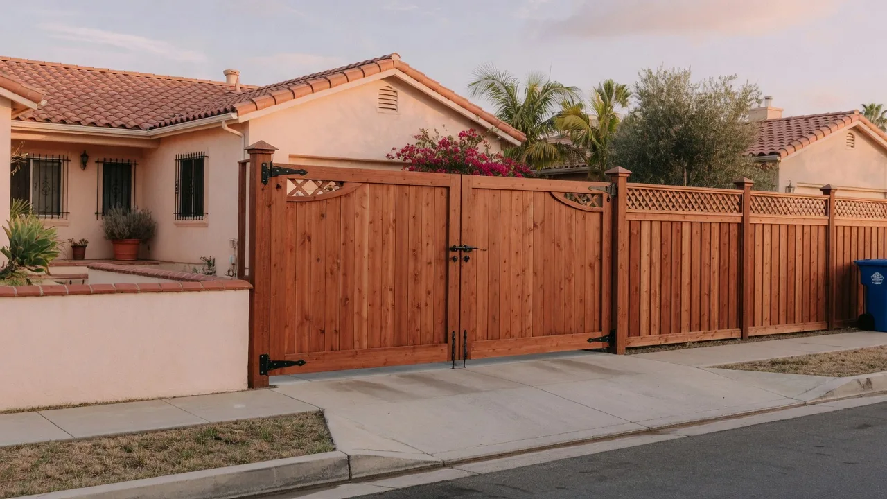 Pair of wood double-swing driveway gates matching a wood fence on a San Diego suburban street