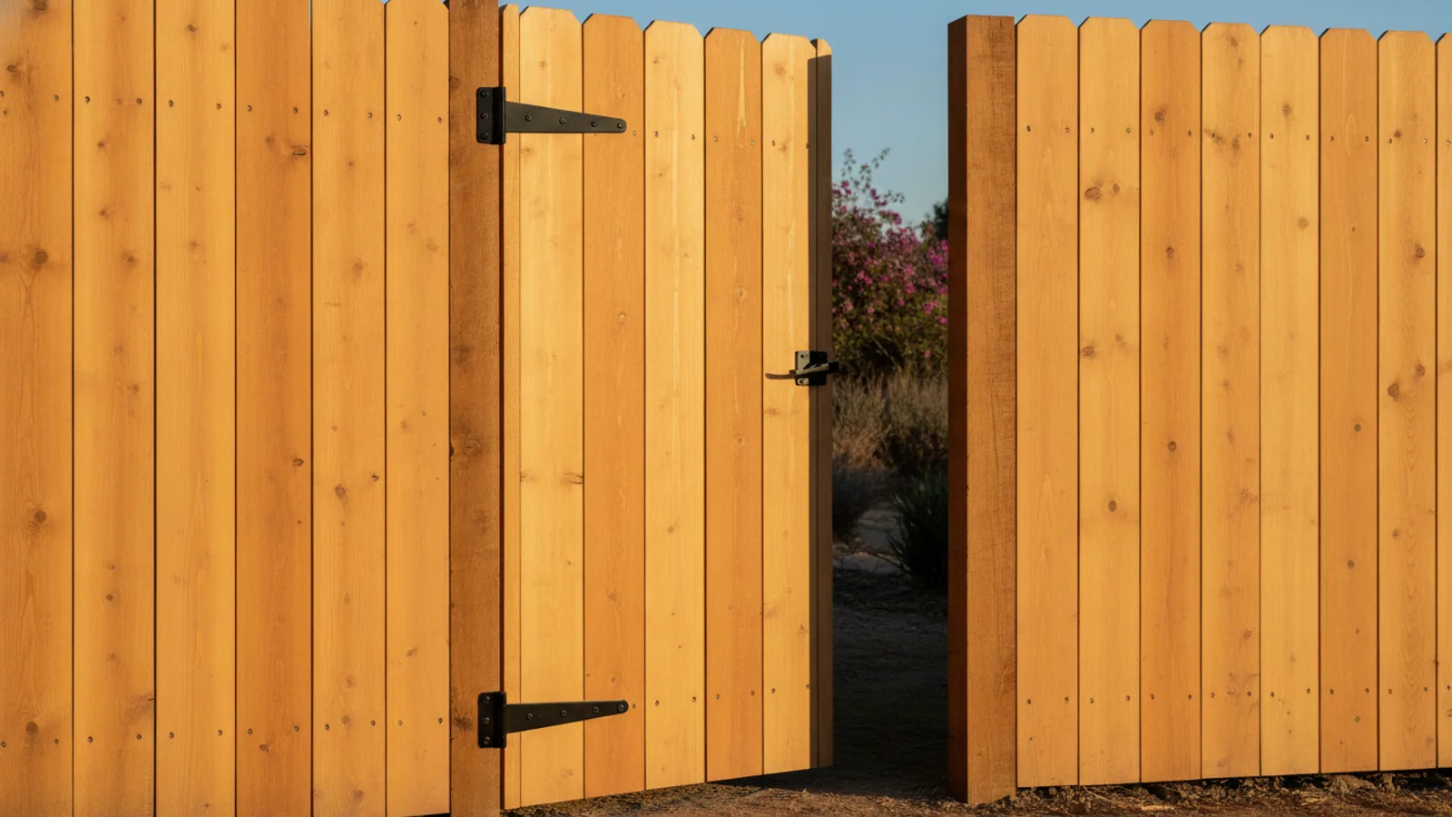 A natural wood walk-through gate with black steel hardware, set into a stained wood privacy fence in a sunny San Diego backyard.