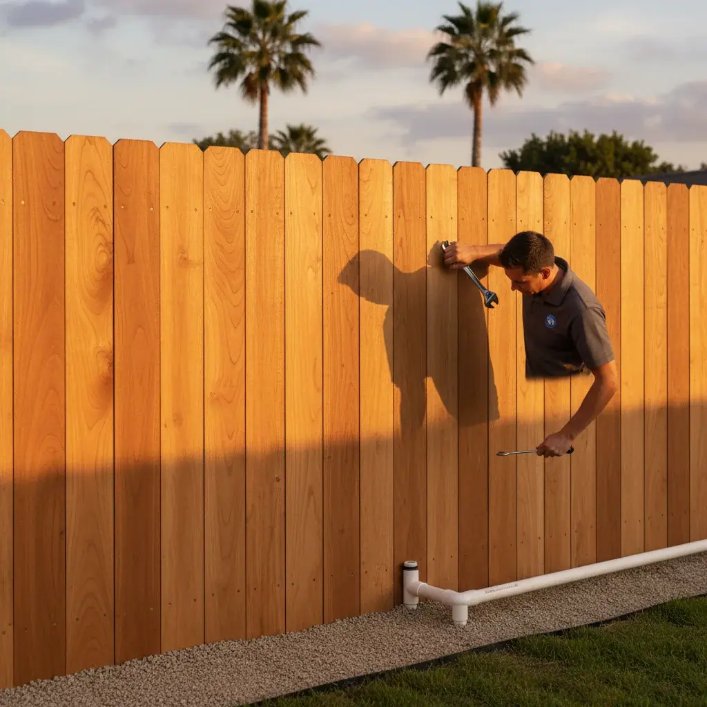 Freshly installed cedar wood fence in a San Diego backyard with golden afternoon light and a palm tree silhouette above the fence line