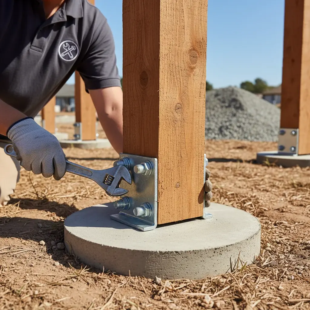 Close-up of a galvanized post anchor set in concrete with a cedar 4x4 post seated on top and San Diego soil visible at the base