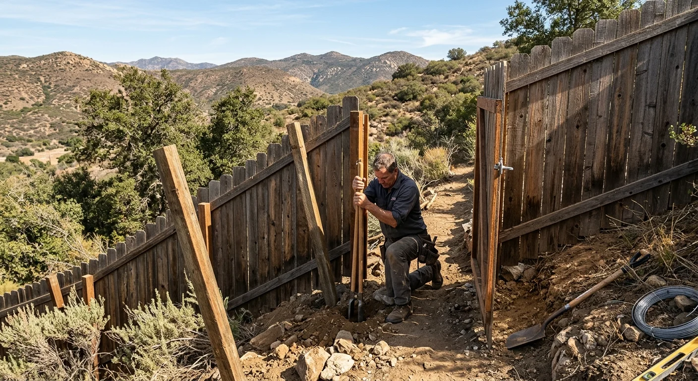 Wood privacy fence leaning downhill on a sloped East County yard