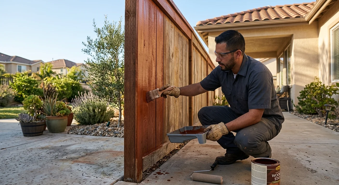 A San Diego homeowner applying stain to a backyard wood fence