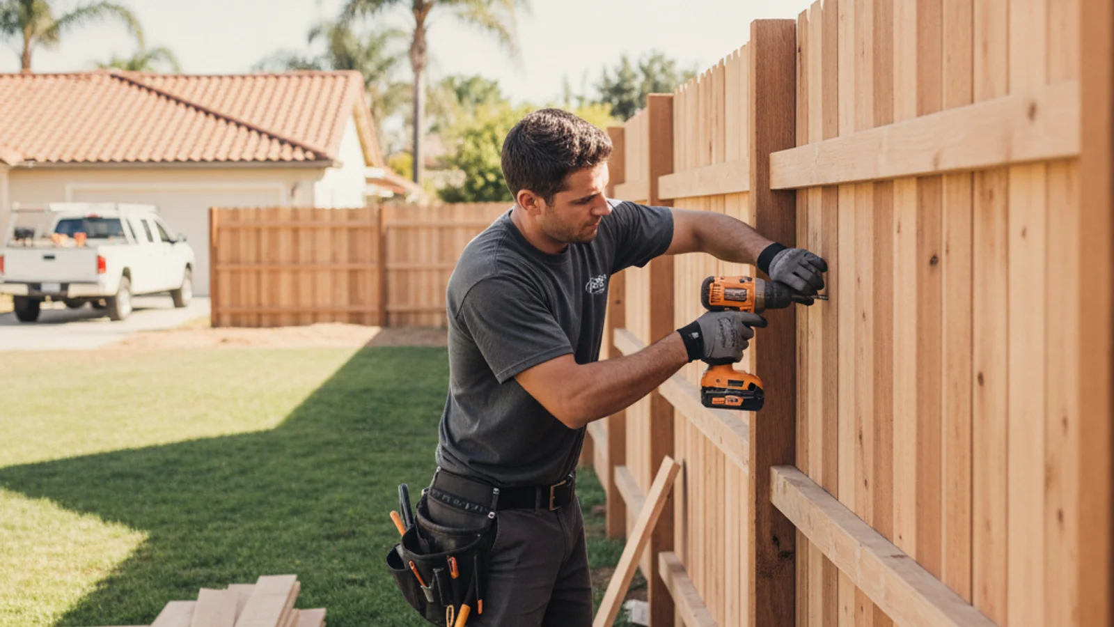 A contractor pointing out a damaged section of a weathered wood fence to a homeowner in San Diego.