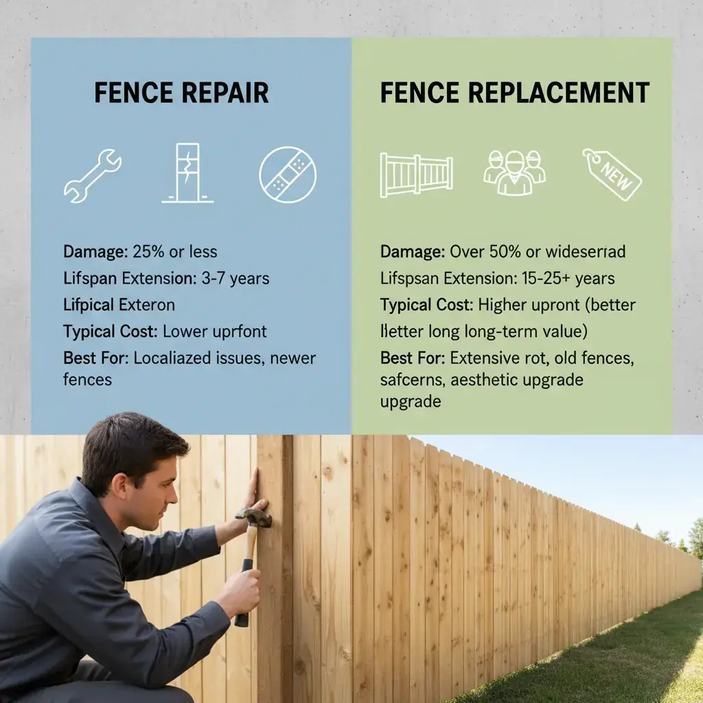 Infographic comparing key factors for wood fence repair versus replacement, including damage percentage, lifespan, cost, and typical scenarios.