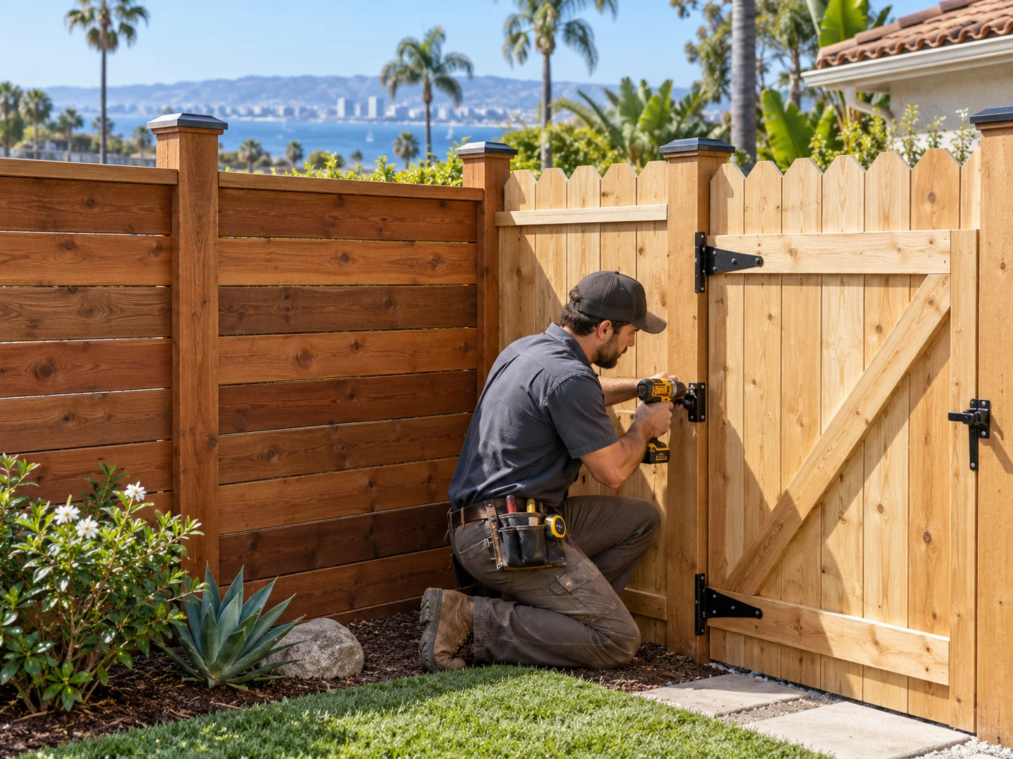 Two wood fence styles meeting beside a gate in a San Diego backyard
