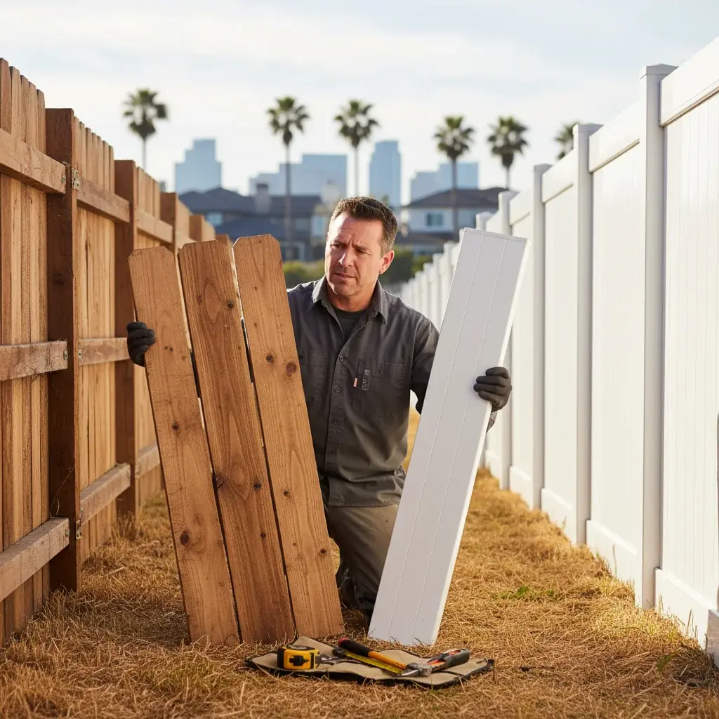 Side-by-side comparison of a cedar wood privacy fence and a white vinyl privacy fence in San Diego backyards