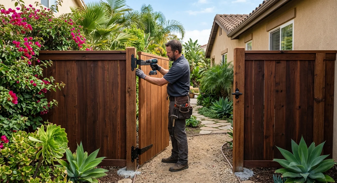 Wood garden gate in a matching San Diego side-yard fence