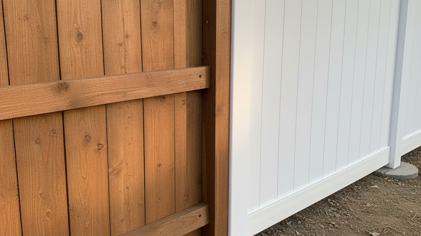 Cedar grain beside a smooth white vinyl panel surface