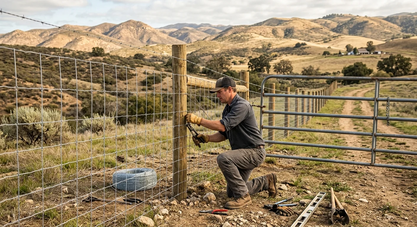 Woven field fabric on posts along a rural inland San Diego County fence line