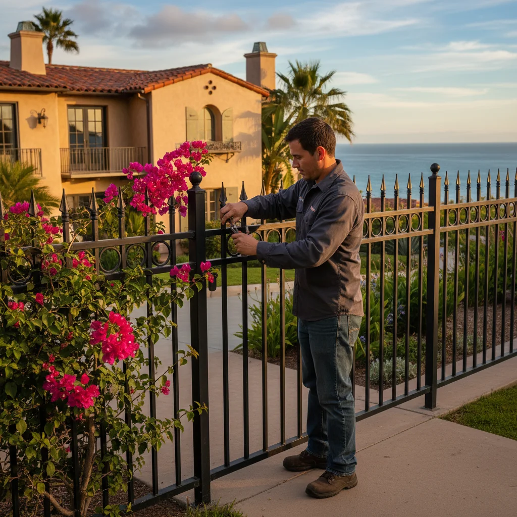 A classic black wrought iron fence with spear-point finials enclosing a Spanish-style home in La Jolla, with the Pacific Ocean in the background.